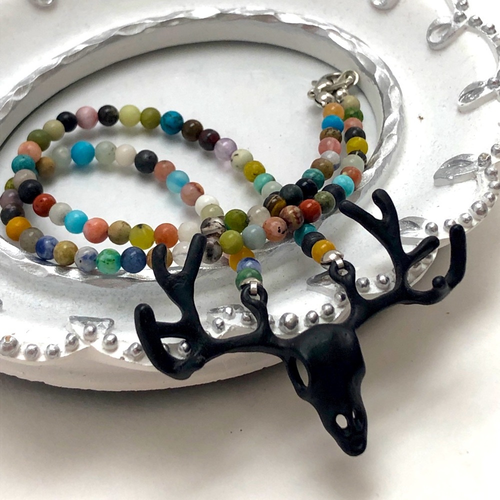 Stag deer skull beaded necklace